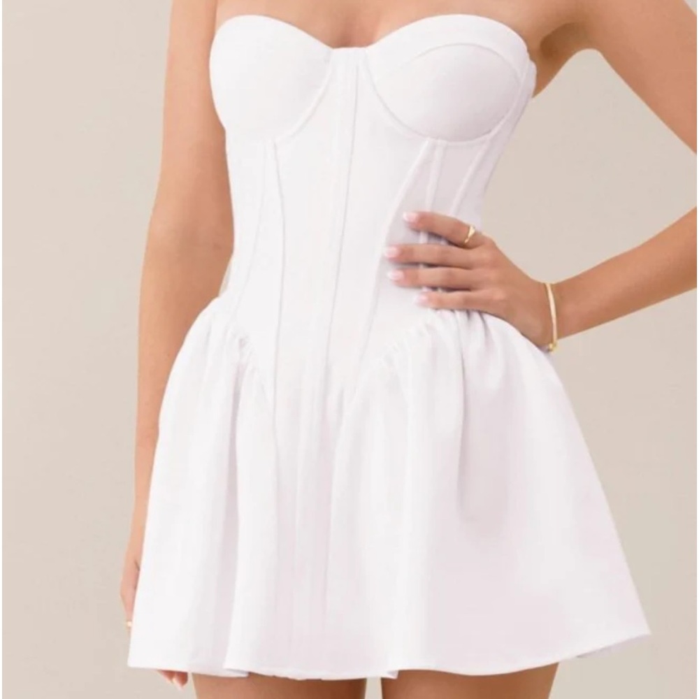WHITE STRAPLESS CORSET COTTON POPLIN A-LINE MINI DRESS heiress Beverley Hills